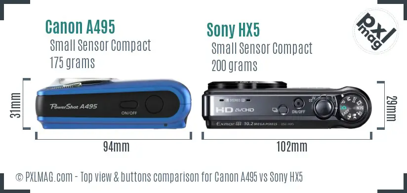 Canon A495 vs Sony HX5 top view buttons comparison