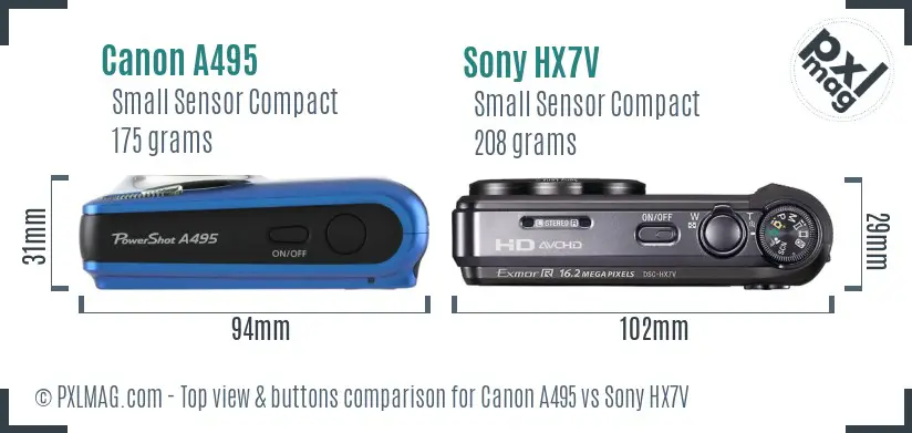 Canon A495 vs Sony HX7V top view buttons comparison