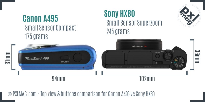 Canon A495 vs Sony HX80 top view buttons comparison