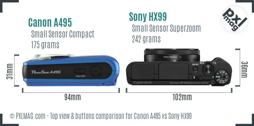 Canon A495 vs Sony HX99 top view buttons comparison