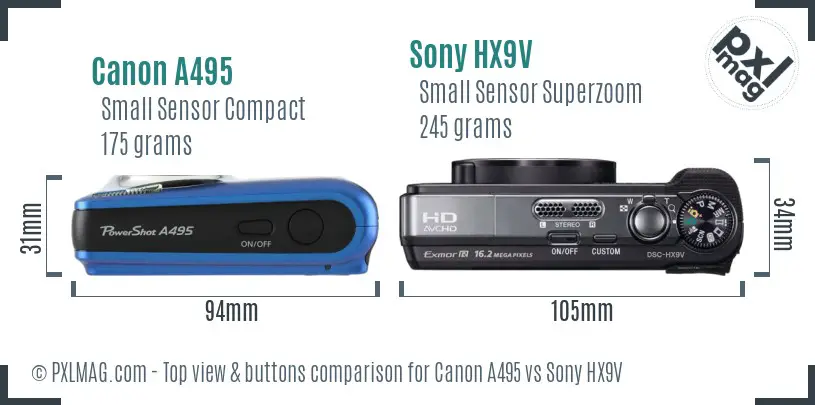 Canon A495 vs Sony HX9V top view buttons comparison