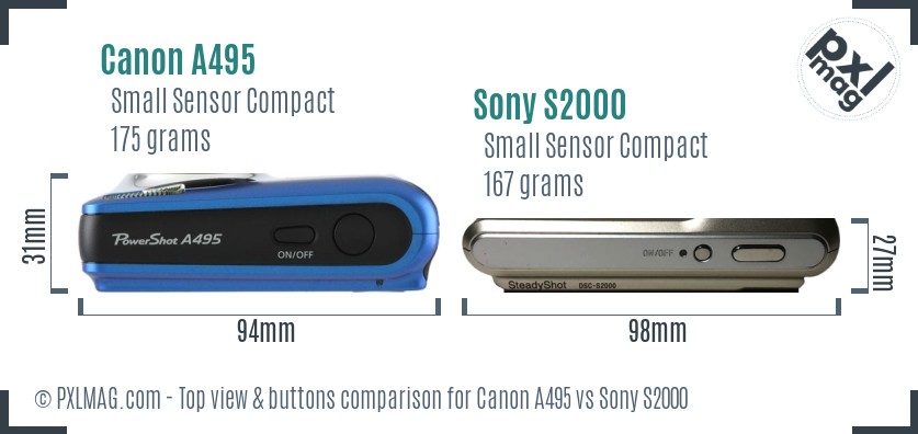 Canon A495 vs Sony S2000 top view buttons comparison