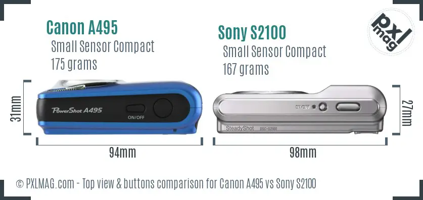Canon A495 vs Sony S2100 top view buttons comparison