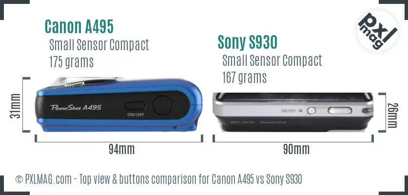 Canon A495 vs Sony S930 top view buttons comparison