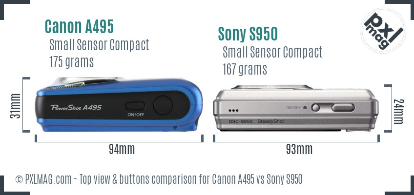 Canon A495 vs Sony S950 top view buttons comparison