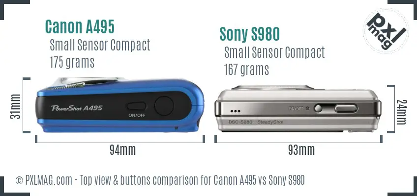 Canon A495 vs Sony S980 top view buttons comparison Canon A495 vs Sony S980 top view buttons comparison