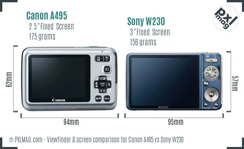 Canon A495 vs Sony W230 Screen and Viewfinder comparison