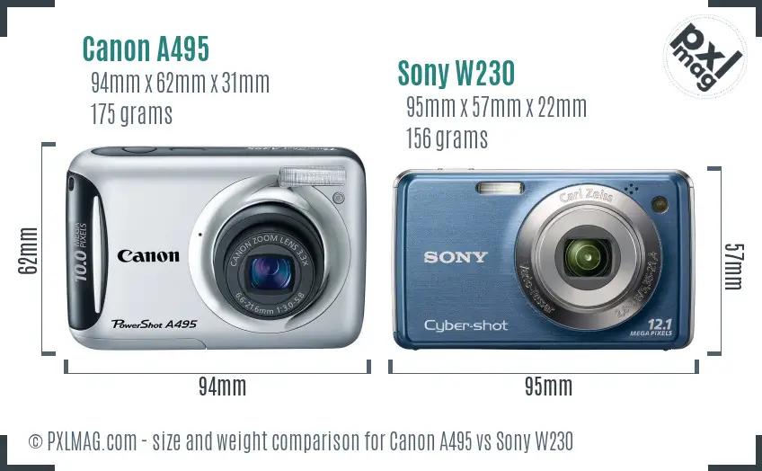 Canon A495 vs Sony W230 size comparison