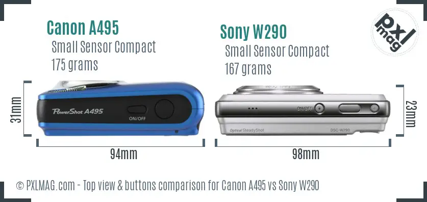 Canon A495 vs Sony W290 top view buttons comparison Canon A495 vs Sony W290 top view buttons comparison