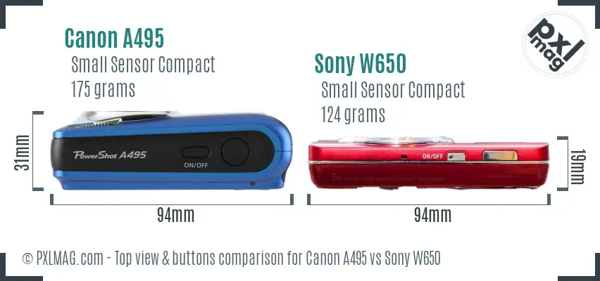 Canon A495 vs Sony W650 top view buttons comparison Canon A495 vs Sony W650 top view buttons comparison