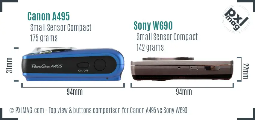 Canon A495 vs Sony W690 top view buttons comparison