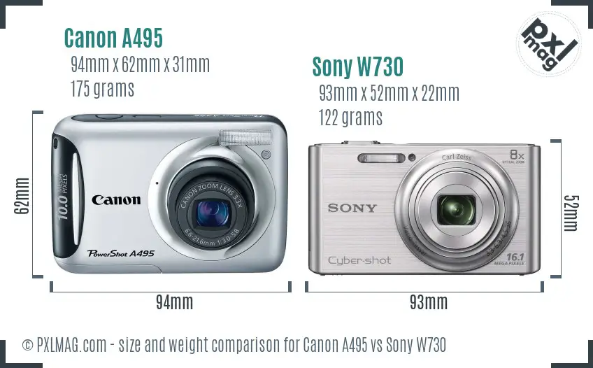 Canon A495 vs Sony W730 size comparison