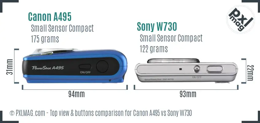 Canon A495 vs Sony W730 top view buttons comparison