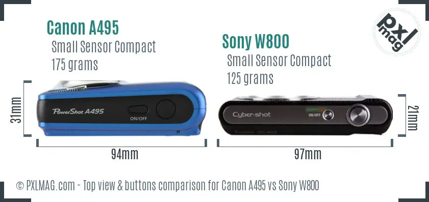 Canon A495 vs Sony W800 top view buttons comparison