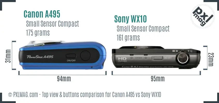 Canon A495 vs Sony WX10 top view buttons comparison