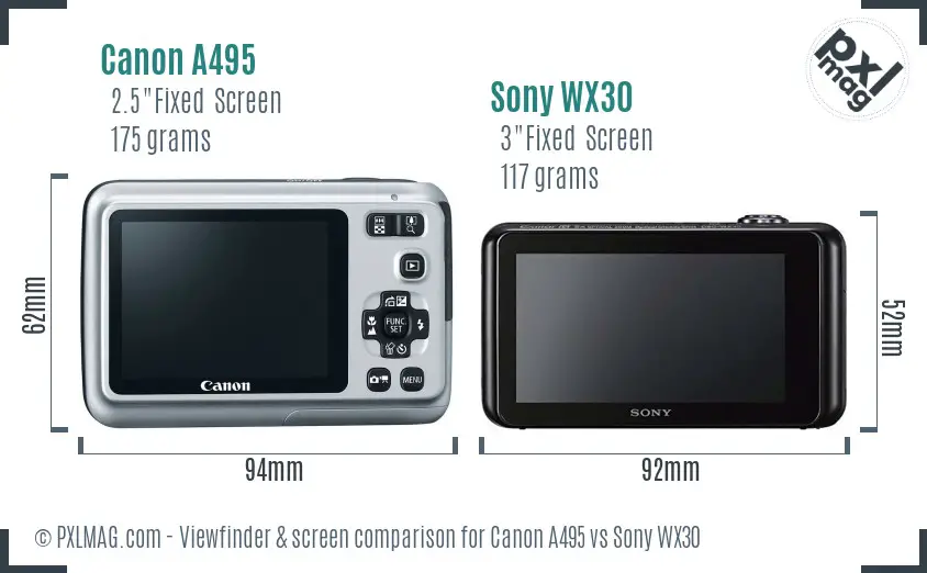 Canon A495 vs Sony WX30 Screen and Viewfinder comparison