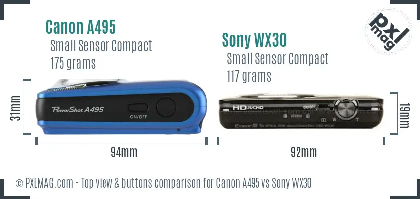 Canon A495 vs Sony WX30 top view buttons comparison