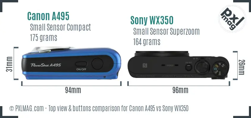 Canon A495 vs Sony WX350 top view buttons comparison