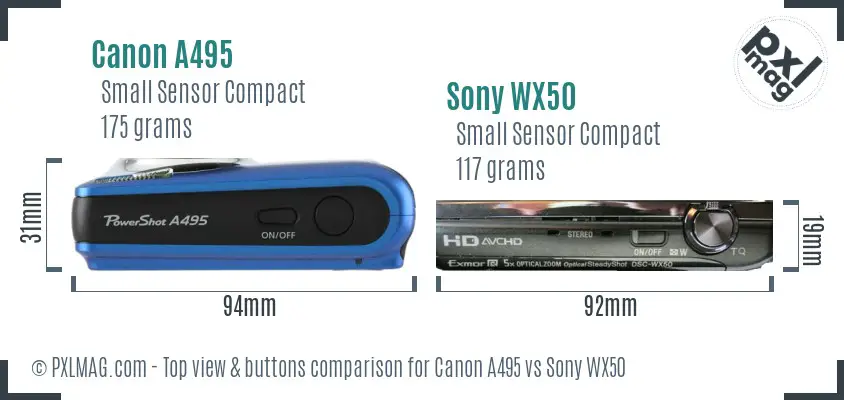Canon A495 vs Sony WX50 top view buttons comparison Canon A495 vs Sony WX50 top view buttons comparison