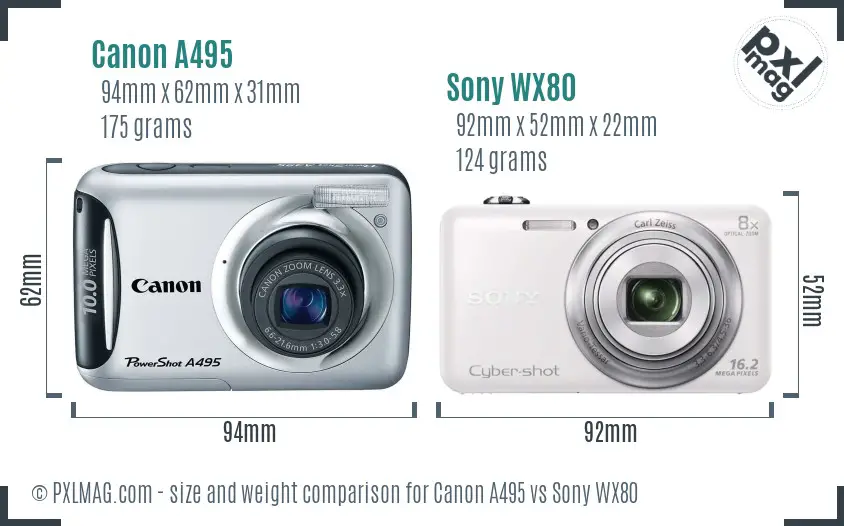 Canon A495 vs Sony WX80 size comparison
