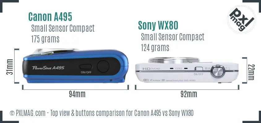 Canon A495 vs Sony WX80 top view buttons comparison