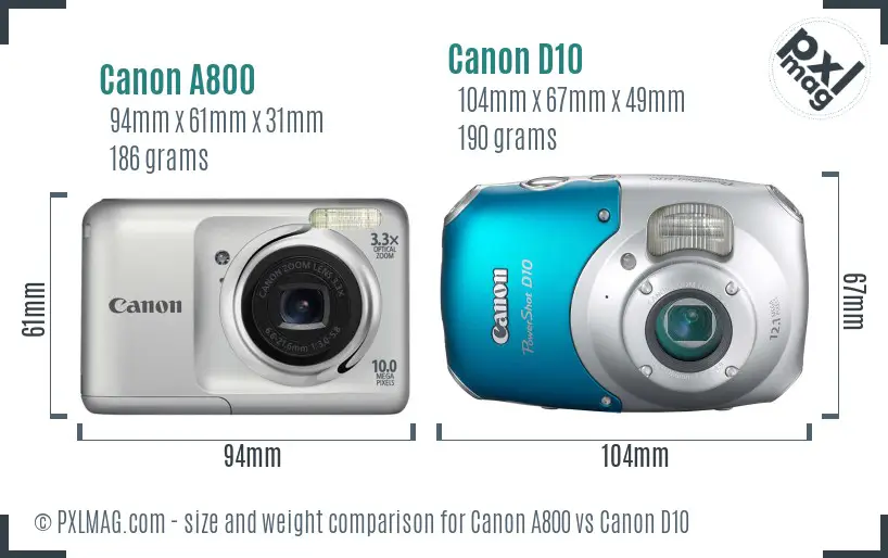 Canon A800 vs Canon D10 size comparison Canon A800 vs Canon D10 size comparison