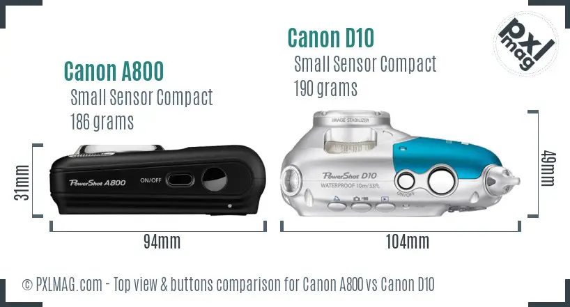 Canon A800 vs Canon D10 top view buttons comparison Canon A800 vs Canon D10 top view buttons comparison