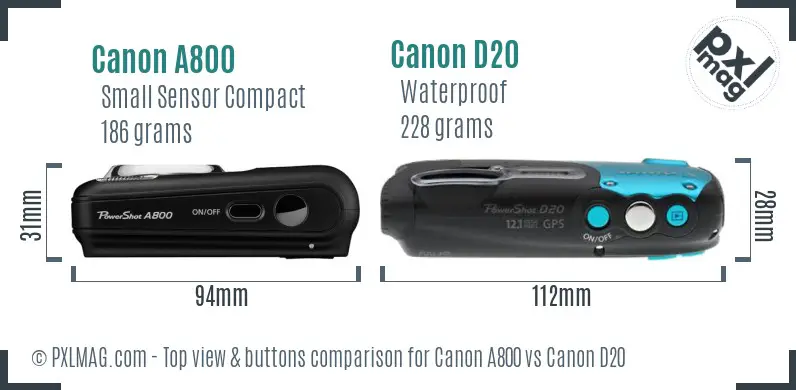 Canon A800 vs Canon D20 top view buttons comparison
