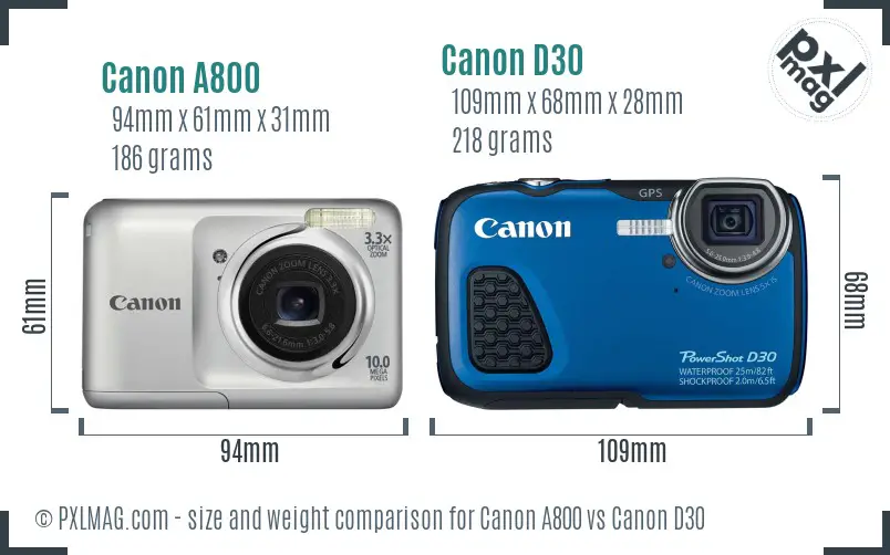 Canon A800 vs Canon D30 size comparison