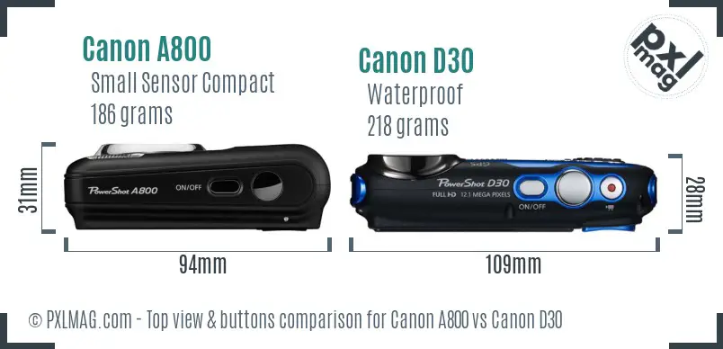 Canon A800 vs Canon D30 top view buttons comparison