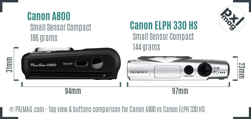 Canon A800 vs Canon ELPH 330 HS top view buttons comparison Canon A800 vs Canon ELPH 330 HS top view buttons comparison