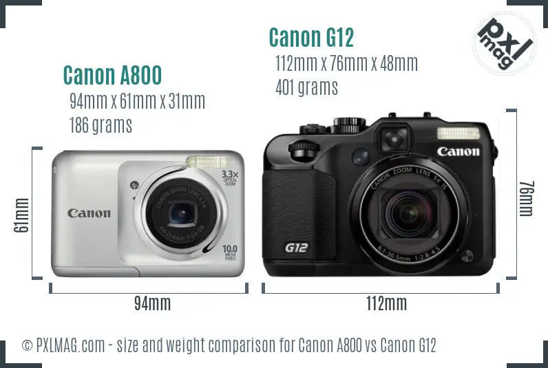 Canon A800 vs Canon G12 size comparison