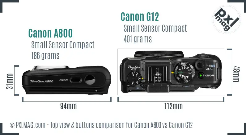Canon A800 vs Canon G12 top view buttons comparison