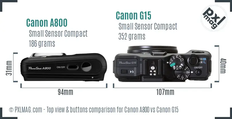 Canon A800 vs Canon G15 top view buttons comparison