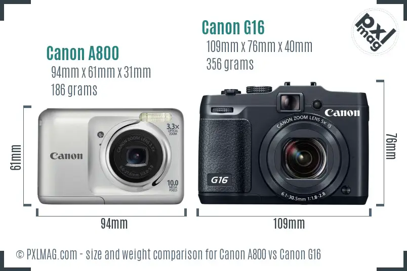 Canon A800 vs Canon G16 size comparison