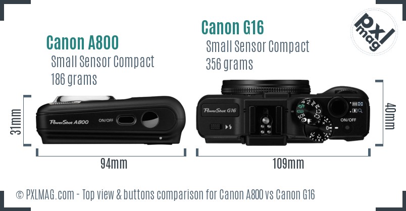 Canon A800 vs Canon G16 top view buttons comparison