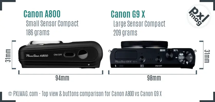 Canon A800 vs Canon G9 X top view buttons comparison