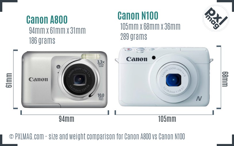 Canon A800 vs Canon N100 size comparison
