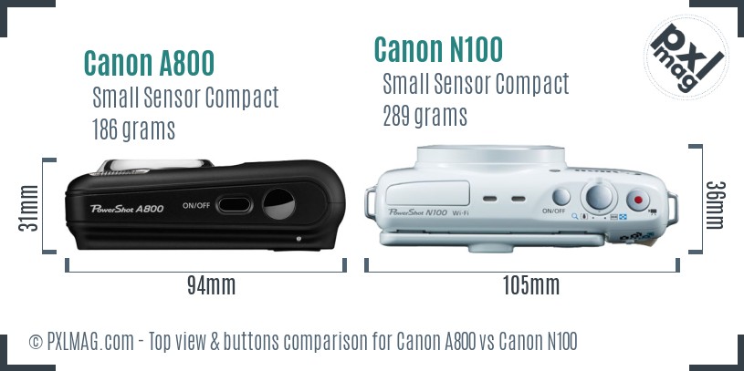 Canon A800 vs Canon N100 top view buttons comparison
