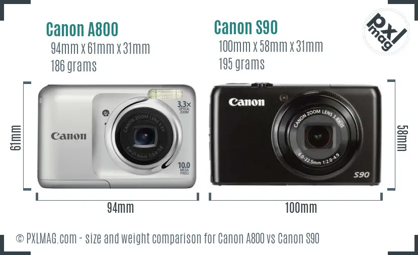 Canon A800 vs Canon S90 size comparison