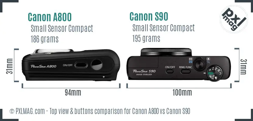 Canon A800 vs Canon S90 top view buttons comparison