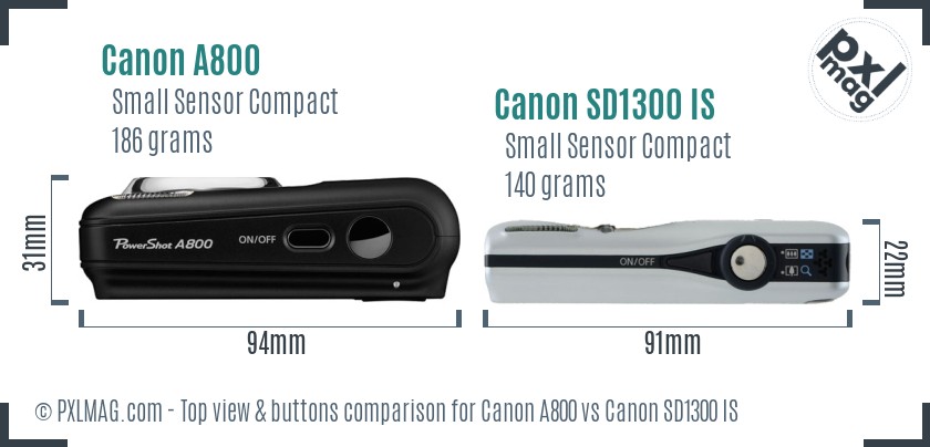 Canon A800 vs Canon SD1300 IS top view buttons comparison