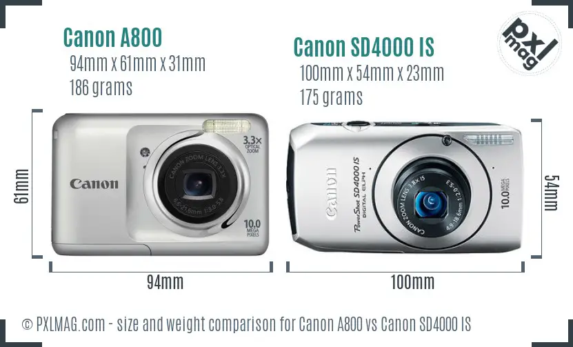 Canon A800 vs Canon SD4000 IS size comparison