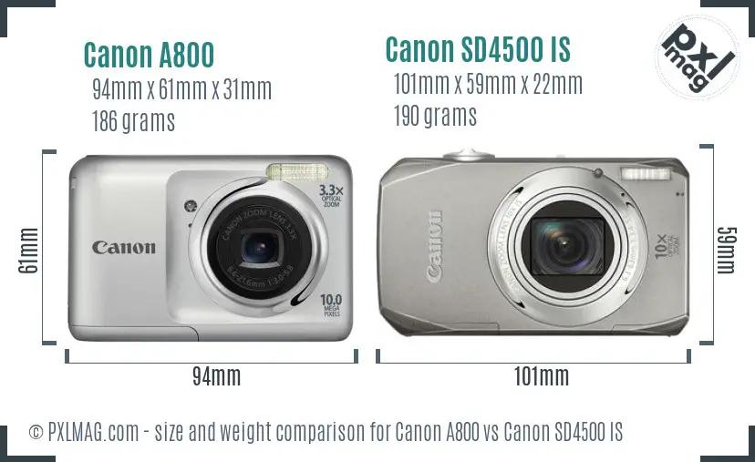 Canon A800 vs Canon SD4500 IS size comparison