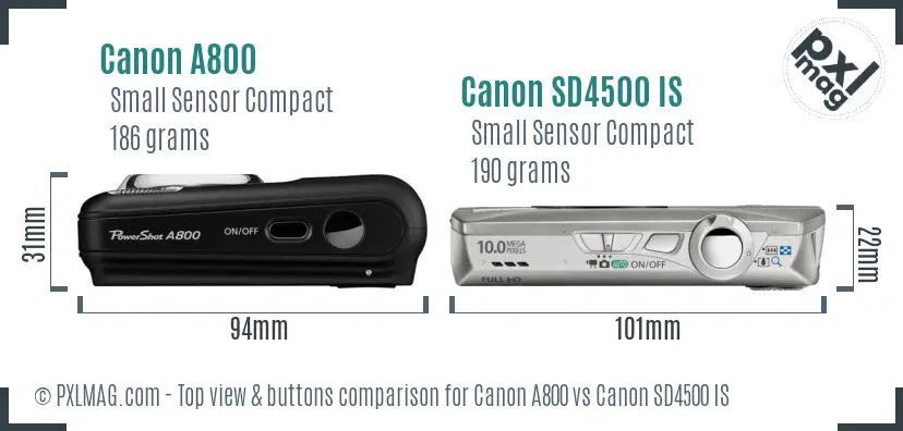 Canon A800 vs Canon SD4500 IS top view buttons comparison