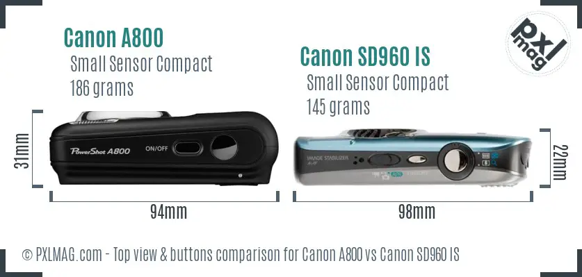 Canon A800 vs Canon SD960 IS top view buttons comparison