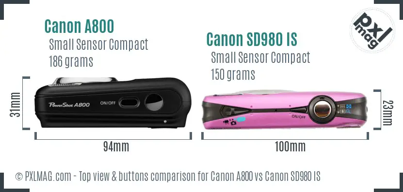 Canon A800 vs Canon SD980 IS top view buttons comparison