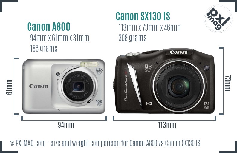 Canon A800 vs Canon SX130 IS size comparison