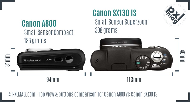 Canon A800 vs Canon SX130 IS top view buttons comparison