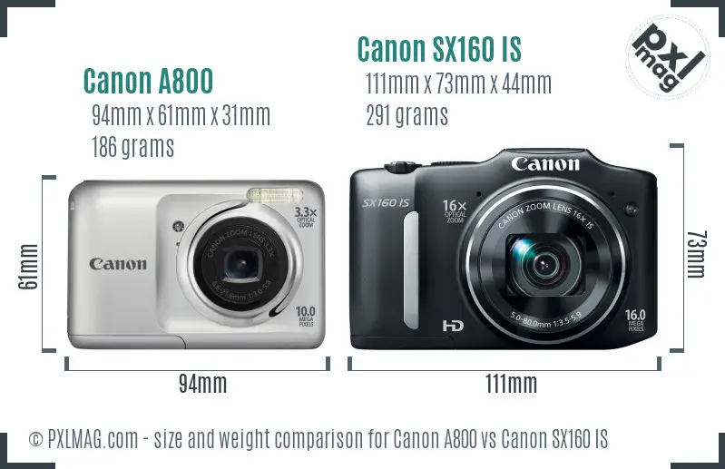 Canon A800 vs Canon SX160 IS size comparison